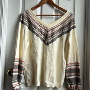 Promesa off the shoulder sweater in cream/beige pink & gray details size medium